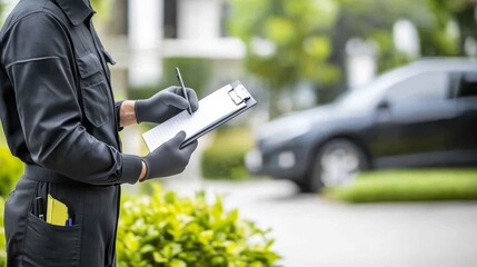 A man in a black uniform is writing on a clipboard