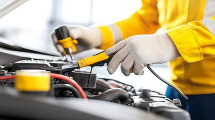 Fototapeta premium A mechanic is working on a car engine, using a tool to tighten a bolt