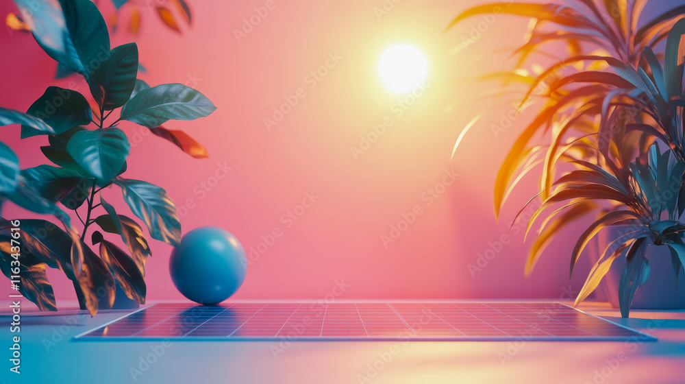 Poster computer keyboard on wooden table surrounded by lush green plant creating a calm and productive work