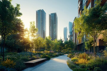Naklejka premium Modern City Park With Tall Buildings And Lush Greenery