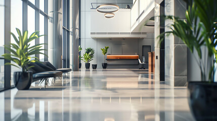 Modern hospital lobby designed with ample and comfortable seating areas for patient ease Spacious and airy communal living area in a multifamily home, featuring high ceilings, large windows that bath
