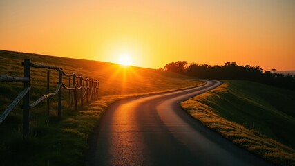 Serene Sunset Road Winding Through Grassy Fields with Wooden Fence