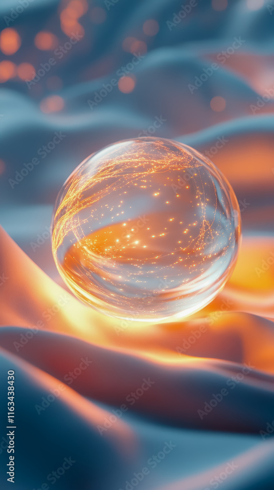 Poster a radiant glass sphere capturing light and color in an artistic display of refraction and reflection