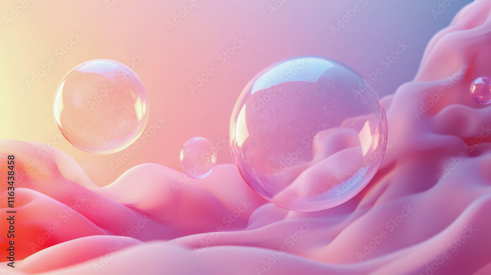 Poster colorful soap bubbles floating gracefully against a soft pink background creating a lighthearted and