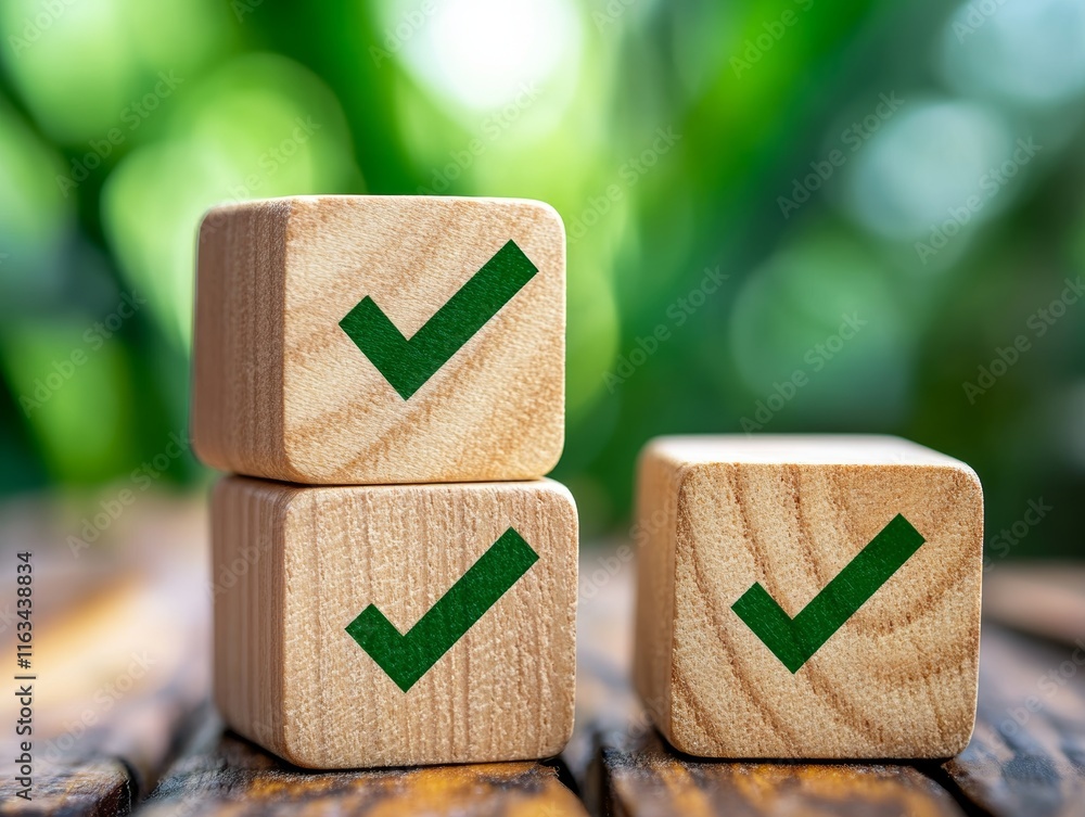 Poster visualizing project goals quality control checklist with marked wooden blocks for business approval
