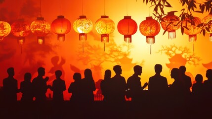 Naklejka premium Silhouetted figures at a festive event with illuminated lanterns and Asian-inspired backdrop.