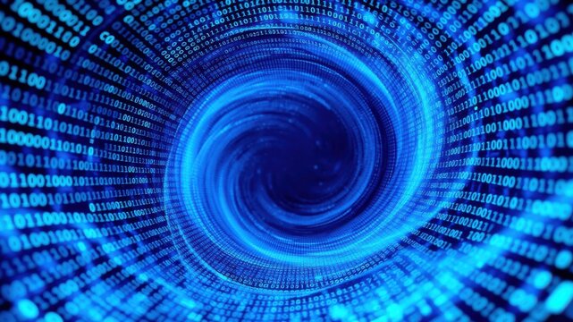 Digital Data Vortex A swirling tunnel of binary code representing the flow of information in the digital realm