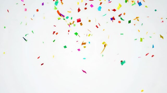 Three-Dimensional Animation of Colourful Confetti Exploding on a White Background