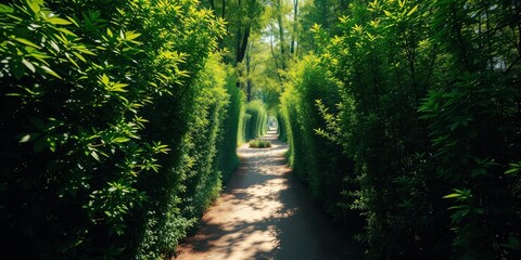 Fototapeta premium Sunlit path through a vibrant green hedge tunnel