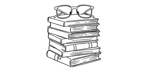 A thick-lined doodle of a stack of books with bookmarks and a pair of reading glasses on top, drawn in simple black outlines with no fill color on a plain white background.


