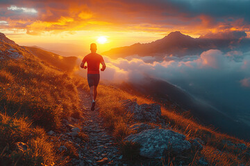 Fototapeta premium Runner enjoys sunset along a mountain trail with dramatic clouds and vibrant sky colors