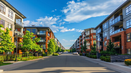 Obraz premium Street lined with new homes under a clear blue sky, each house boasting modern design elements and lush green gardens