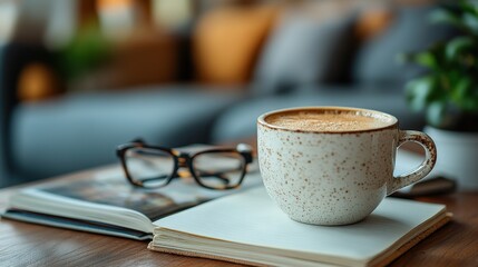 A cozy scene featuring a cup of coffee, glasses, and an open book on a wooden table.