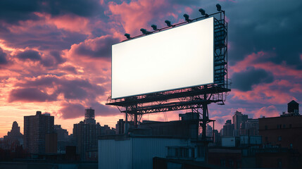 Customizable billboard on a city rooftop with dramatic clouds above. Mockup, Promotion information for marketing announcements and details