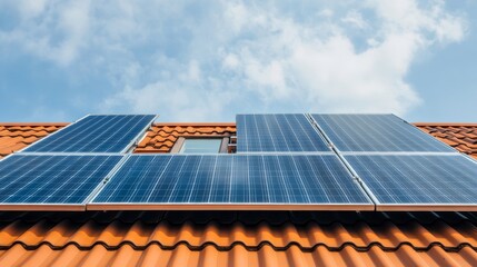 A solar panel system is installed on a red roof