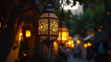 Ornate lanterns illuminating evening street with warm glow