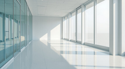 Fototapeta premium Modern open office space with large windows and glass partitions, clean white floors, natural light, spacious and minimalist design, ideal for work or creativity