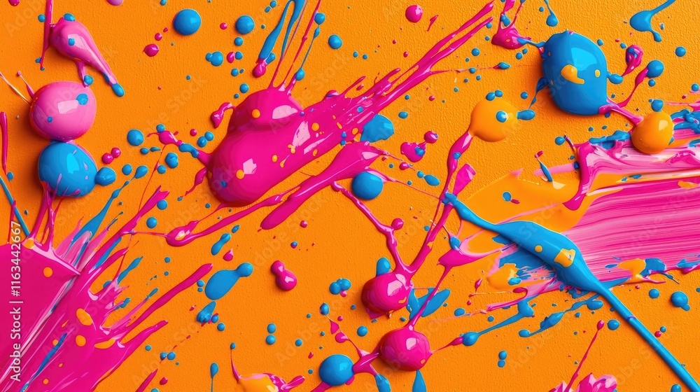 Poster splatter abstract background idea. vibrant paint splashes on an orange background create a dynamic a