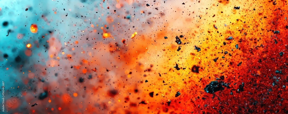 Poster Splatter abstract background idea. Vibrant explosion of colors with particles creating a dynamic abstract background.