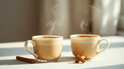 Obraz premium Two Cups of Aromatic Warm Beverage with Cinnamon Sticks on a Sunny Surface