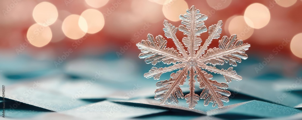 Poster snowflake abstract background concept. a beautiful snowflake glistens against a soft, colorful bokeh