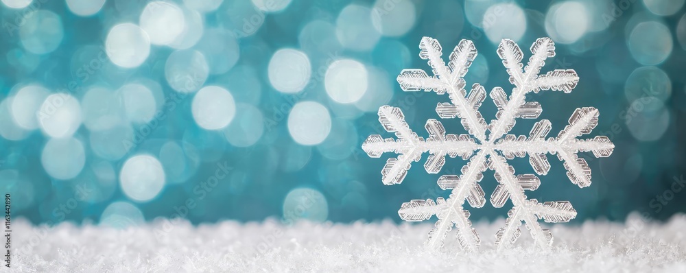 Poster snowflake abstract background concept. a close-up of a snowflake on a sparkling blue background, evo