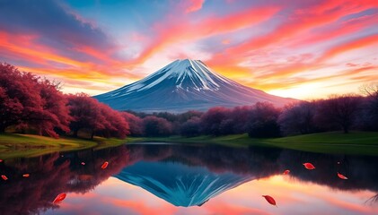 Peaceful lake with cherry blossoms, autumn leaves, and a snow-capped mountain