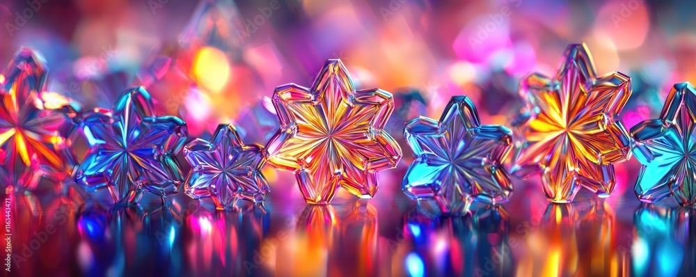 Poster snowflake abstract background concept. colorful crystal snowflakes reflecting vibrant lights and cre