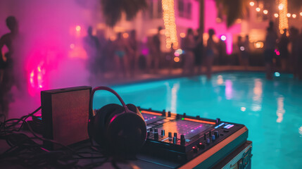 A DJ set up with a speaker and headphones next to a pool
