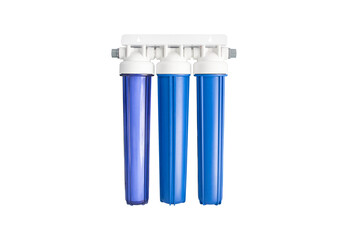 Set three of cartridges for water filter with clear glass of water. Concept of water treatment technology. filter cartridges to domestic water treatment systems