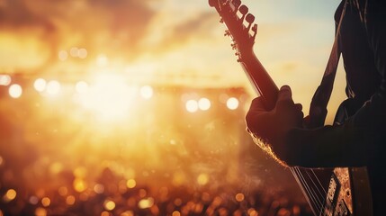 Musician tuning an instrument in an electrified arena, audience buzzing with expectation, anticipation, excitement, vision