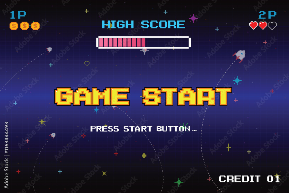 Poster game start. pixel art .8 bit game. retro game. for game assets in vector illustrations. arcade gamin