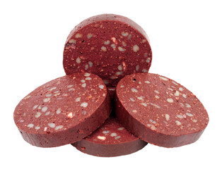 Four traditional English black pudding slices made with dried pork blood, wheat, oatmeal and barley...