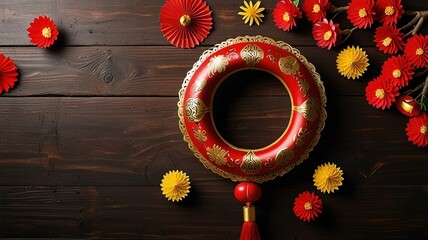 Chinese new year festival, Top view flat lay lunar new year or Happy Chinese new year decorations celebration with copy space on the background