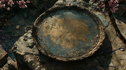 Fototapeta premium Antique Gold Circular Frame in Ruins Spring Blossoms