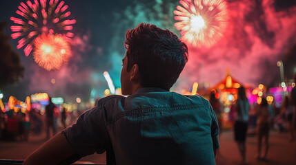 Fototapeta premium A man is sitting on a bench watching fireworks