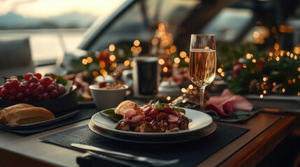 A table with a white plate of food and a glass of champagne