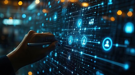 A hand interacts with a digital interface featuring a network of interconnected icons, representing data and connections.