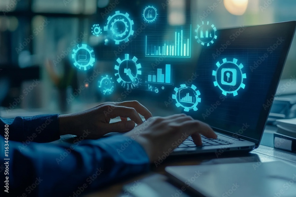 Poster dynamic professional workspace with holographic icons for automation, analytics, and teamwork