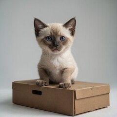 "A Siamese kitten climbing on a small box, with a clean white backdrop."