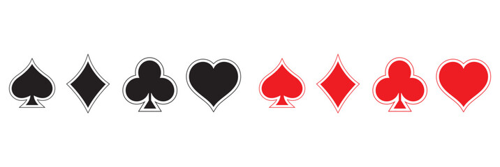 Suit deck of playing cards,  Poker symbols with spades, hearts, diamonds, clubs. Vector illustration. isolated on white and black background. EPS 10 