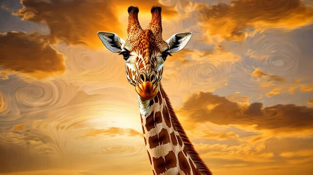 A detailed illustration of a majestic giraffe standing tall with its long graceful neck, patterned coat, and gentle eyes