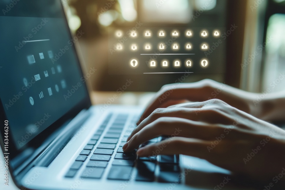 Poster close up of hands typing on laptop with password fields in a modern, naturally lit workspace