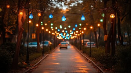 Illuminated Pathway Trees Lights Evening Ambiance