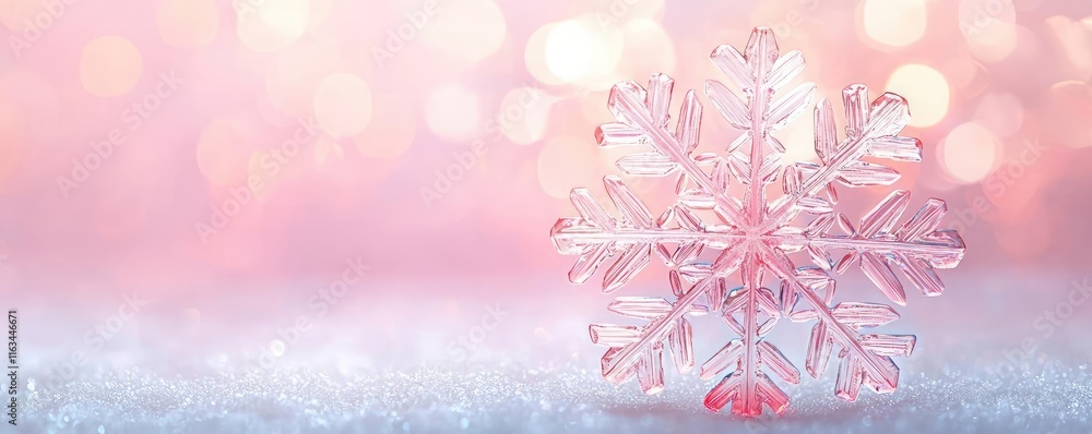 Poster snowflake abstract background concept. a delicate snowflake reflecting light against a soft pink bac