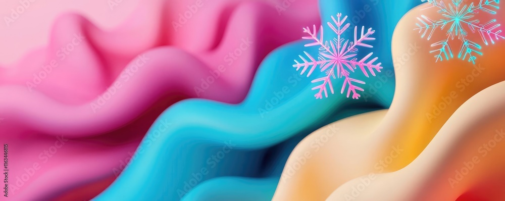 Poster snowflake abstract background concept. colorful abstract fabric waves with snowflakes creating a fes