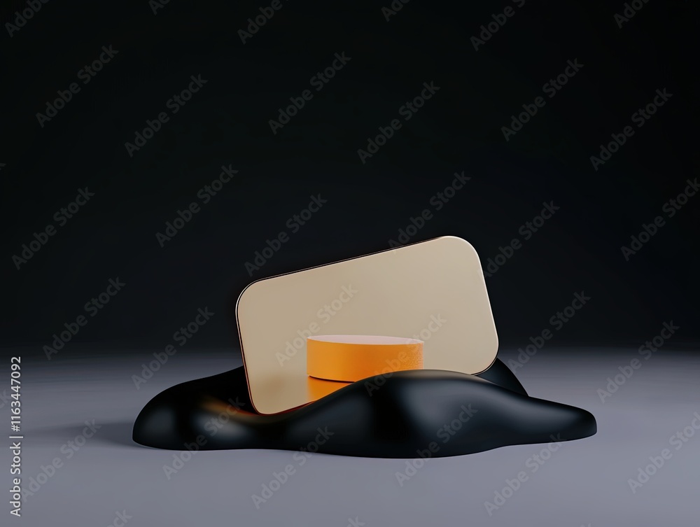 Poster abstract presentation of geometric shapes on a dark background with smooth black surface and contras