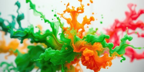 Fototapeta premium Vibrant Swirls of Green, Orange, and Pink Liquid Paint Exploding in a Dynamic Abstract Composition
