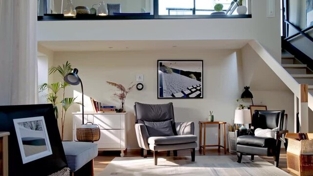 Stylish Scandinavian living room with design armchair black mockup poster frame commode wooden stool books decorations loft wall and personal accessories