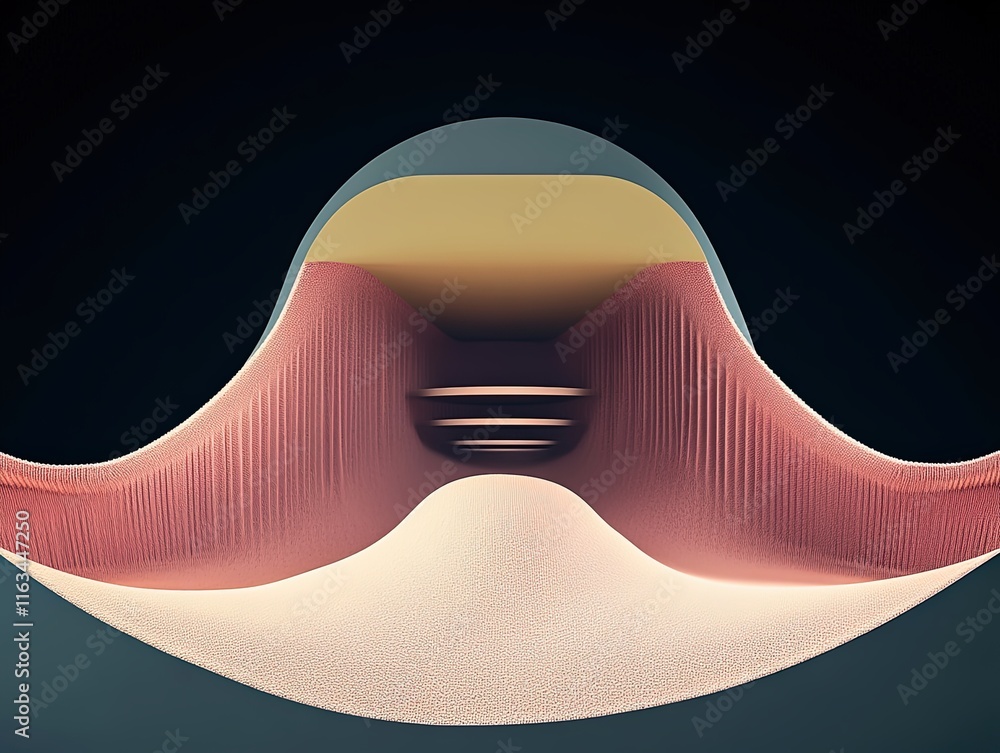 Poster abstract 3d visualization of smooth curves, layers, and color gradients creating a dreamlike landsca